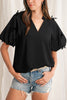 Black Bow Decor Puff Sleeve Split Neck Blouse