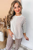 Pink Stripe Colorblock 3/4 Sleeve Loose T Shirt