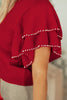 Racing Red Pearl Embellished Double Ruffle Short Sleeve Sweater