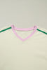 Beige Ribbed Colorblock Trim V Neck Sporty Pullover Mini Skort 2pcs Athleisure Set