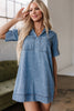 Blue Short Sleeve Collared Patched Pocket Denim Mini Dress