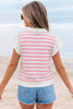 Pink Stripe Collar V Neck Ruffled Short Sleeve Blouse