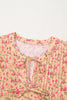 Light French Beige Floral Print Bow Pintuck Bust Half Puff Sleeve Blouse Top