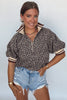 Khaki Leopard Print Half Zip Striped Trim Patchwork Short Sleeve Top