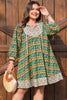 Green Plus Size Mixed Floral Print Striped Trim Loose Mini Dress