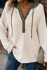 Coffee Waffle Contrast Half Buttoned Hooded Pullover Top