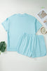 Mist Blue Solid Color Mock Neck Half Sleeve Top Plus Size 2pcs Short Set