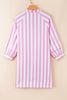 Rose Stripe Bracelet Sleeve Buttons Loose Mini Dress