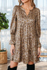 Khaki Leopard Print V Neck Ruffled Sleeve Tiered Loose Mini Dress