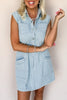 Sky Blue Stripe Collared Button Front Sleeveless Denim Mini Dress