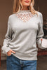 Light Grey Button Keyhole Lace Patchwork Drop Shoulder Sweater