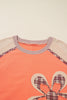 Grapefruit Orange Plaid Flower Waffle Patched Plus Size 3/4 Sleeve Top