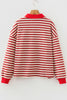 Racing Red Striped Print Contrast Collar Zip V Neck Long Sleeve Top