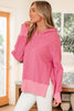 Rose Stripe Thumbhole Side Slits Drop Shoulder Loose Fit Hoodie