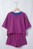 Blue Stripe Striped Ribbed Cotton Two-Piece Short Set with Chest Patch Detail