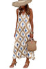 Khaki Boho Abstract Print V Neck Sleeveless Long Dress