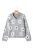 Gray Cute Flower Print V Neck Drop Shoulder Baggy Sweater