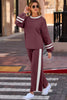 Chestnut Varsity Stripe Patchwork Puff Sleeve Pullover Drawstring Wide Leg Pant Set