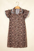 Khaki Leopard Print Lace Trim Shirt Collar Button Down Loose Mini Dress
