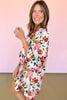 Red Floral Contrast Striped V Neck Puff Half Sleeve Shift Dress