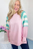 Bonbon Striped Colorblock Patchwork Raglan Pullover Top with Slits