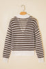 Brown Stripe Eyelet Hollow-out Contrast Collared Pullover Chic Sweater