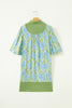 Sky Blue Floral Print Color Block Patchwork Shirt Collar Half Sleeve Mini Dress