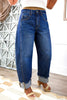 Sail Blue Raw Hem Turnup Loose Ankle-length Jeans
