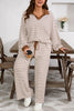 Khaki Stripe Plus Size Collared V Neck Loose Pullover Drawstring Elastic Waist Wide Leg Pant Set