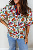 Multicolour Contrasted V Neckline Floral Puff Short Sleeve Blouse