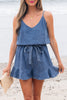 Ashleigh Blue Spaghetti Straps V Neck Belted Ruffled Leg Chambray Romper