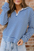 Green Stripe Quarter Zip Collar Pullover Long Sleeve Top