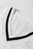 White Textured Knit Preppy Striped Trim V Neck Pullover Waffle Top
