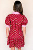Red Floral Print Contrasted V Neck Short Bubble Sleeve Mini Dress