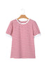 Red Stripe Contrast Trim Round Neck Short Puff Sleeve T Shirt
