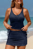 Black Ribbed Knit Crossed Detail Tank Skort 2pcs Swimsuit