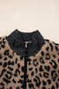 Khaki Leopard Print Zip Up Stand Neck Side Pocket Jacket