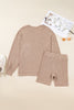 Dark Khaki Ribbed Balloon Sleeve Pullover Top and Biker Knitted Short Set
