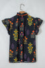 Black Floral Print Lace Trim Frilled V Neck Short Sleeve Shirt