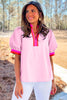 Pink Contrast Striped V Neck Collision Short Puff Sleeve Blouse