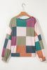 Green Checkered Print Textured Knit Long Sleeve Loose Top