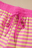 Rose Red Striped Long Sleeve Zip-Up Hoodie Drawstring Elastic Waist 2pcs Short Set