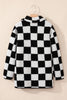 Black Checkered Side Pockets Collared Buttoned Fleece Jacket