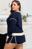 Navy Blue Plus Color Block Drop Shoulder Top and Lace-up Skirt Outfit