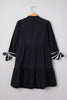 Black Contrast Trim Knot Cuffs Plus Size V Neck Mini Dress