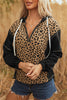 Brown Leopard Patchwork Contrast Stitching Knotted Cuff Quarter Zip Hoodie