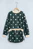 Green Polka Dot Print Color Block Trim Baggy Pullover Drawstring Skirt 2pcs Set