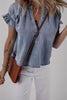 Dusk Blue V Neck Ruffled Short Puff Sleeve Denim Top