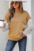 Camel Floral Striped Patchwork Ruffled Sleeve Crew Neck Sweatshirt