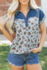 Gray Retro Floral Print Denim Patchwork Buttoned Polo Collar Top